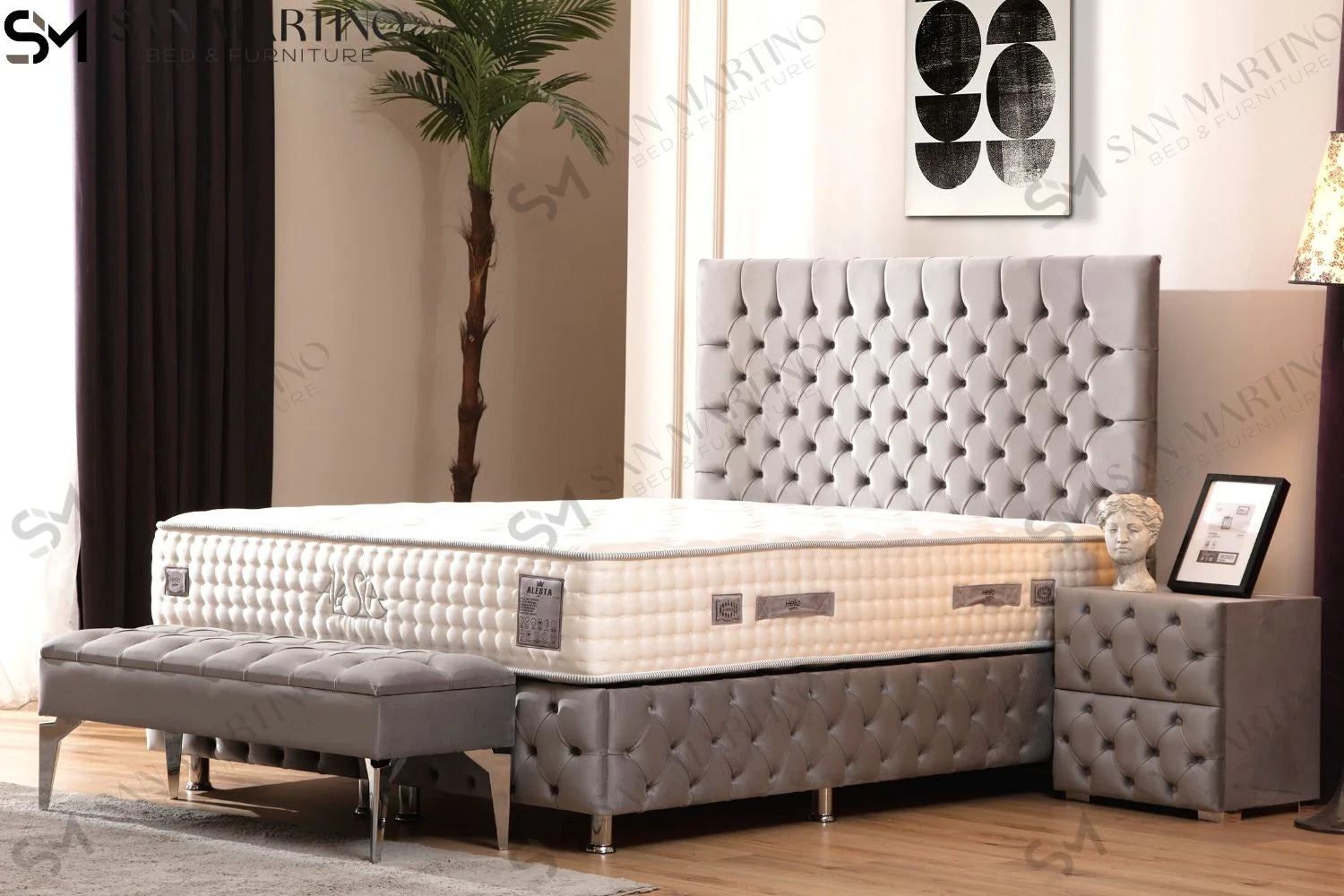 Lit double coffre en Velours – LAGOS GRIS