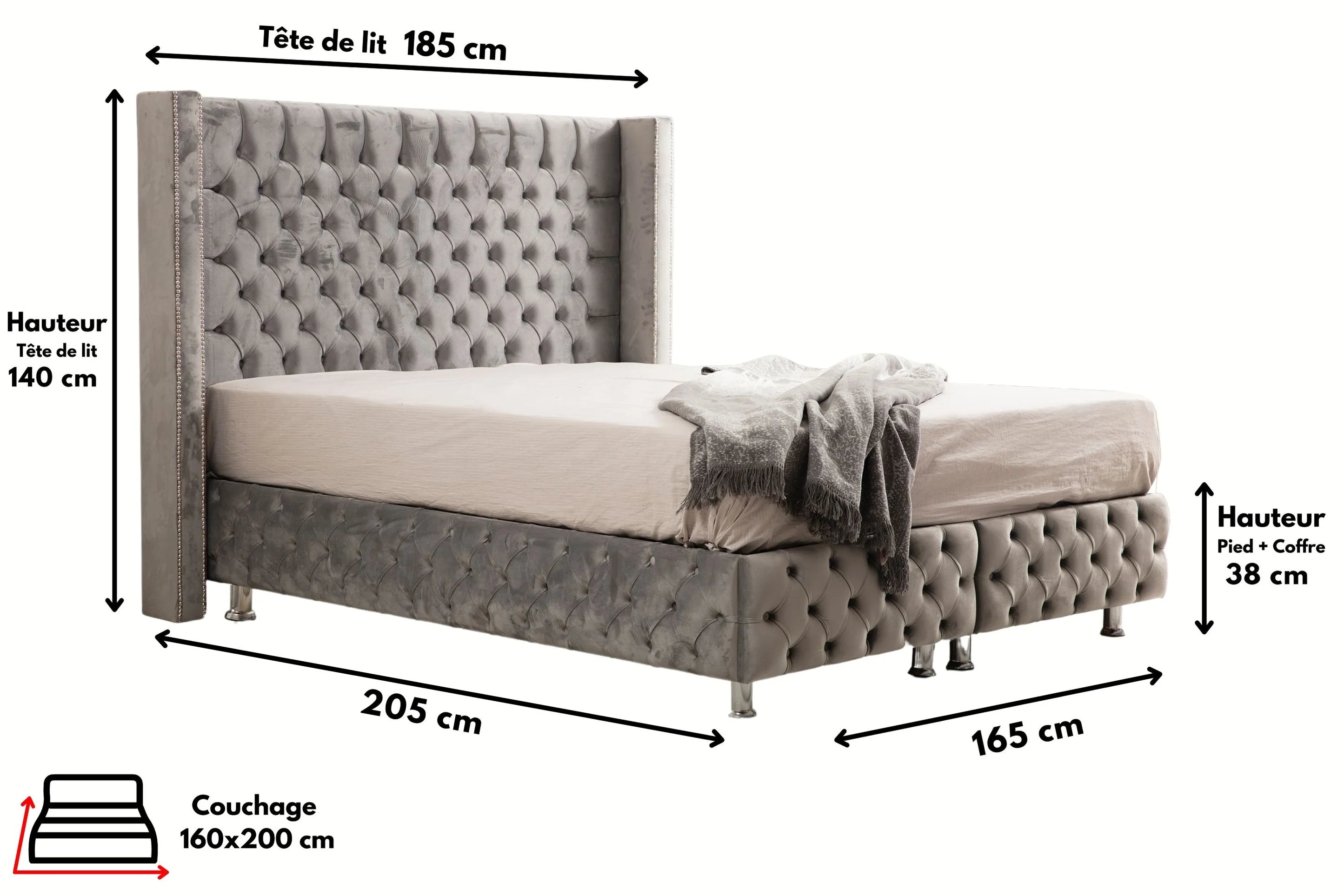 Lit double coffre en Velours – COFFRE GRIS