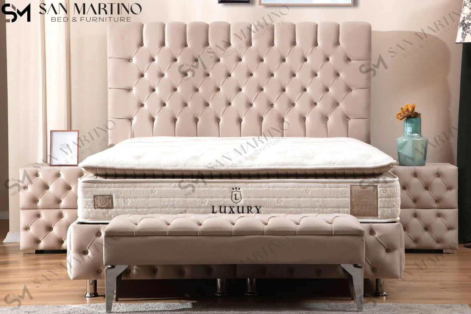 Lit double coffre en Velours – LUNA BEIGE