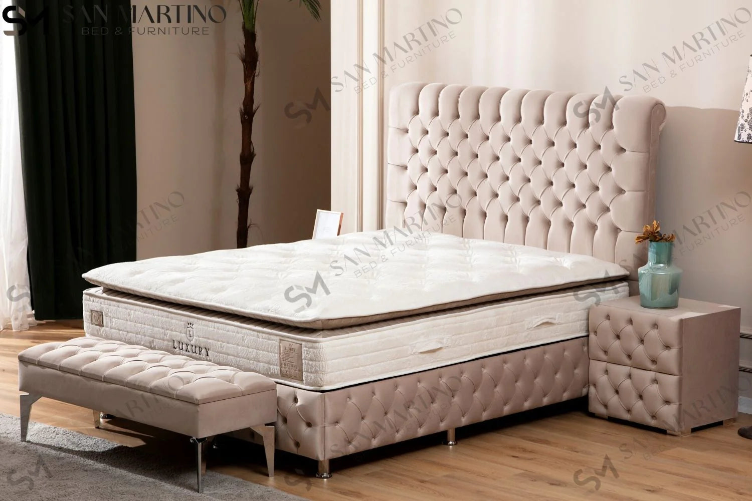 Lit double coffre en Velours – LUNA BEIGE