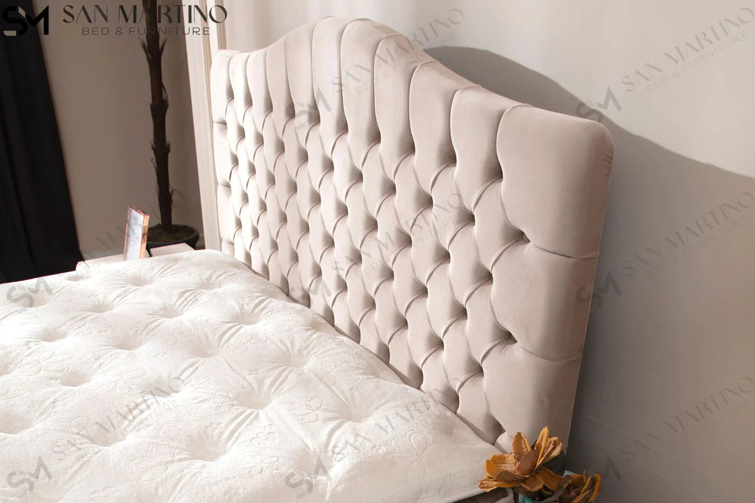 Lit double coffre en Velours – PARIS BEIGE