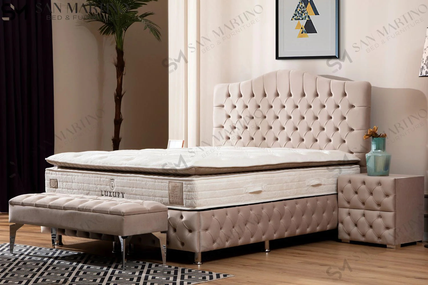 Lit double coffre en Velours – PARIS BEIGE